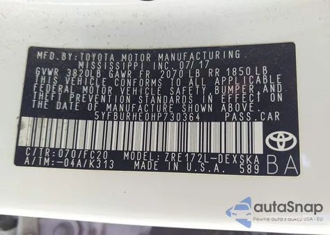 2017 Toyota Corolla Se z USA, uszkodzony, nr VIN 5YFBURHE0HP730364